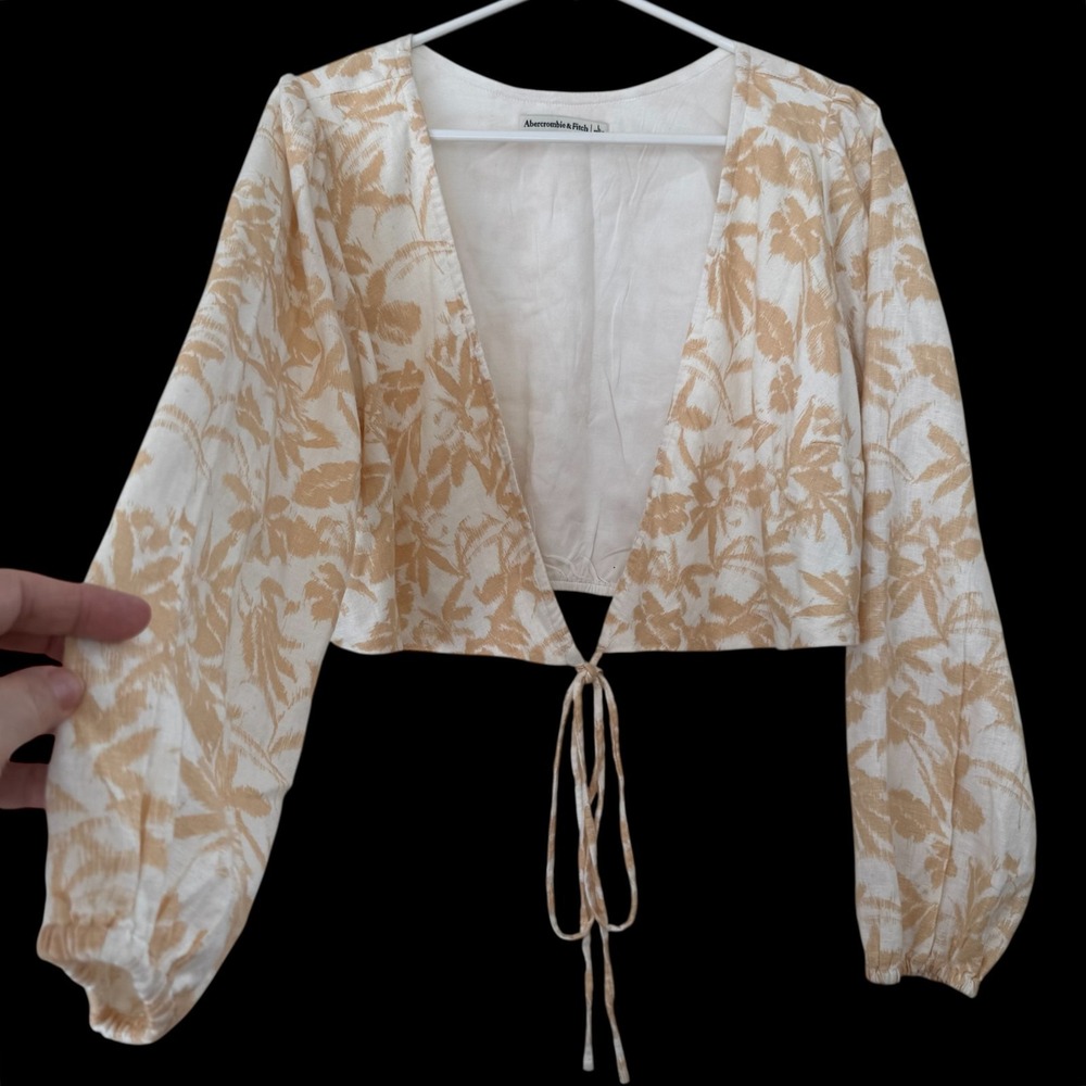 Abercrombie Fitch Linen Blend Floral Wrap Crop Top L Puff Sleeve Boho Clean Girl